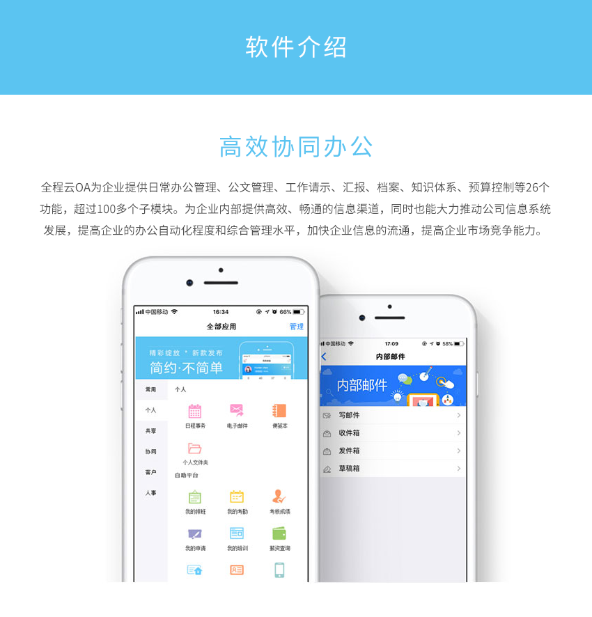 全程云OA（行政办公云） 协同办公、流程审批、行政管理、车辆管理、图书管理、办公用品、费用预算、借款报销、资产管理、档案管理。