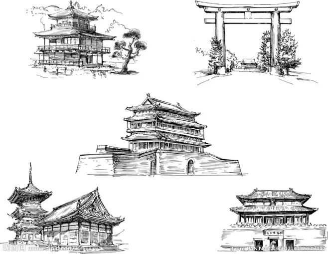 古建筑手绘插画包装插画